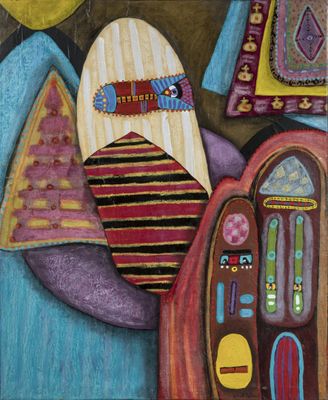a painting of a group of colorful objects on a wall