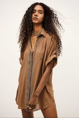 asos design oversized shirt dress with tie detail in camel
