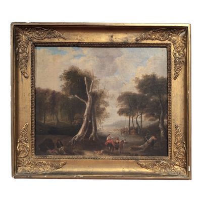 an image of a painting of a wooded landscape with a man on a horse by a tree