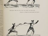 a book with illustrations of a man and a woman playing a game of fencing