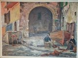 a painting of a street scene with a man and a woman sitting on a bench