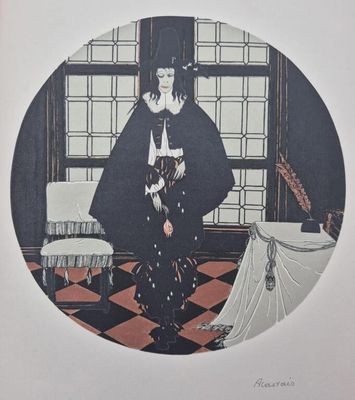 a picture of a woman standing in a room with a black and white checkered floor