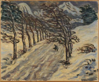 une image représentant un tableau représentant un paysage enneigé avec des arbres