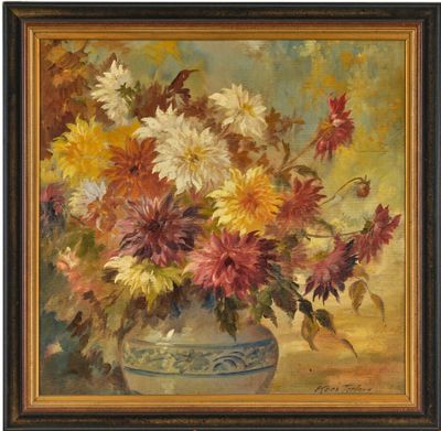 an image of a painting of flowers in a vase on a table