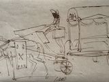 dessin représentant une calèche tirée par des chevaux, avec un homme et une femme à bord