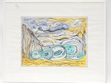 dessin représentant un tableau représentant une scène marine bleue et jaune