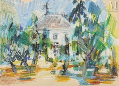 l'image d'un tableau représentant une maison blanche au milieu d'une forêt
