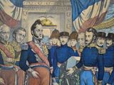 an old painting of a group of men standing in front of a flag