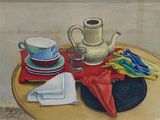 a painting of a table with a tea pot and plates on it