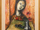 une image représentant un tableau où l'on voit une femme et un chat posés sur une table