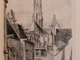 a picture of a drawing of a church and a building