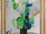 a painting of a vase with flowers and an apple on a table