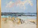 an oil painting of a beach scene with a sailboat in the distance