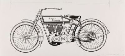 a drawing of a motorcycle that is on display