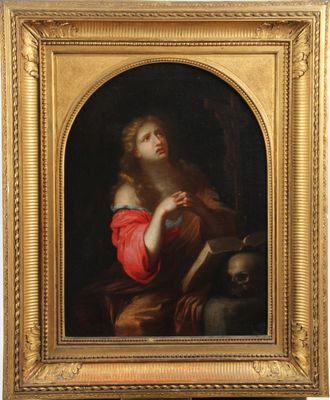 an image of a painting of a woman in a red dress