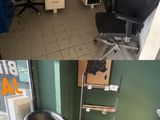 two pictures of a room with a desk and a chair