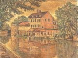 tableau représentant une maison au bord d'une rivière, avec un bateau devant