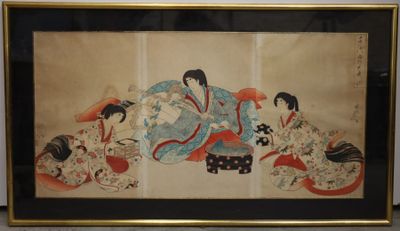 JAPON Yoshu Trois estampes 69 x 35 cm (Encadrées sous verre)