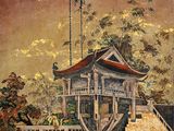 a painting of a pagoda in the middle of a lake