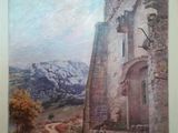 une peinture à l'huile représentant un château avec une montagne en arrière-plan