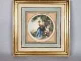 an old picture of a woman holding a dog in a gold frame