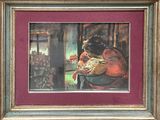 painting of a woman holding a baby in a red frame