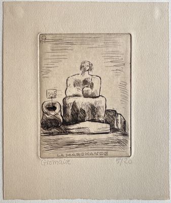 an ink drawing of a man sitting on a couch next to a vase
