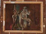 a painting on the wall of a room with a painting of two women