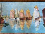 a painting of boats in the water on the wall
