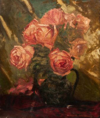 un tableau représentant des roses roses dans un vase posé sur une table