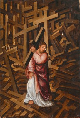 an image of a painting of a woman carrying a cross