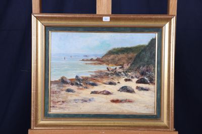 une peinture à l'huile représentant une scène de plage avec des rochers et de l'eau