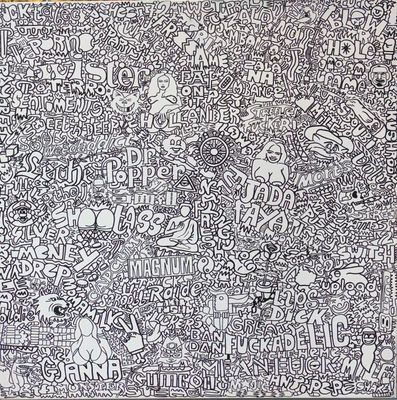 dessin représentant un gribouillage en noir et blanc recouvert de nombreuses annotations