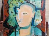 a painting of a woman sitting on a chair