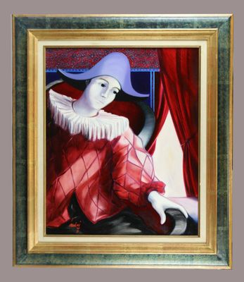 tableau représentant une femme coiffée d'un chapeau violet, assise sur une chaise