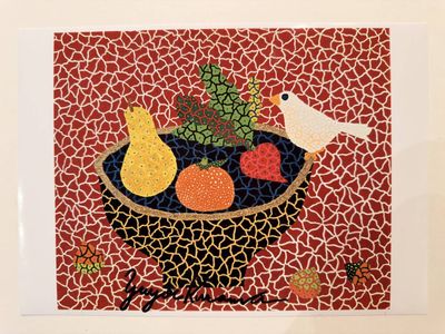 a picture of a picture of a bird and a bowl of fruit