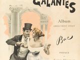 une vieille affiche représentant un homme et une femme en train de danser devant un immeuble