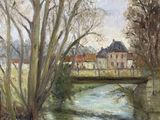 an image of a painting of a river with trees and buildings in the background