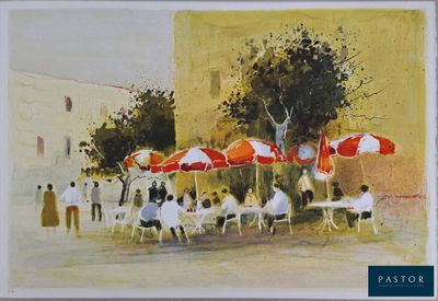 un tableau représentant un groupe de personnes assises à une table sous des parasols