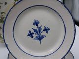 a blue and white plate with a flower design on it