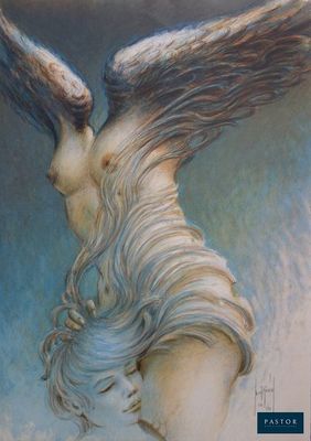 une image représentant un tableau où l'on voit une femme avec des ailes sur la tête