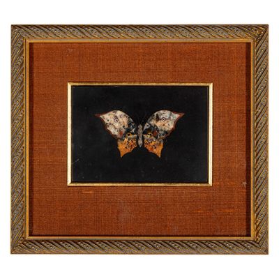 peinture représentant un papillon sur fond noir, dans un cadre doré