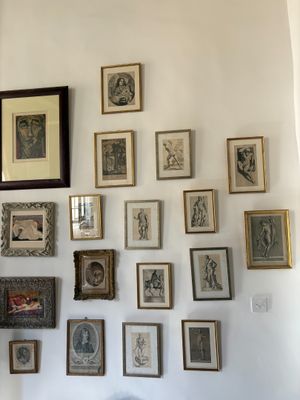 a wall of framed pictures on the wall of a living room
