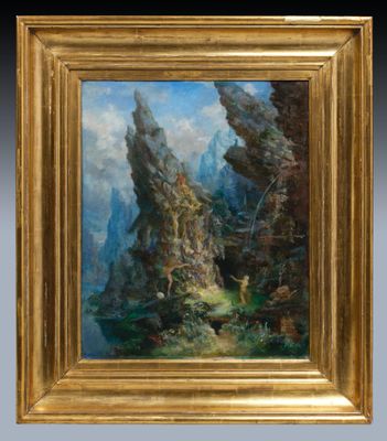 an oil painting of a mountain scene with a river in the foreground