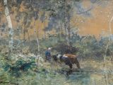 un tableau représentant deux personnes à cheval dans les bois