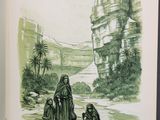 an old book with a drawing of a woman and two children in the water