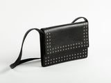 a black leather purse with rivets and a strap