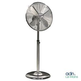 an image of a metal fan on a stand on a white background