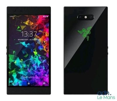 a black phone with a colorful design on the front and back