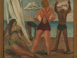 une image représentant un tableau où l'on voit trois personnes sur une plage